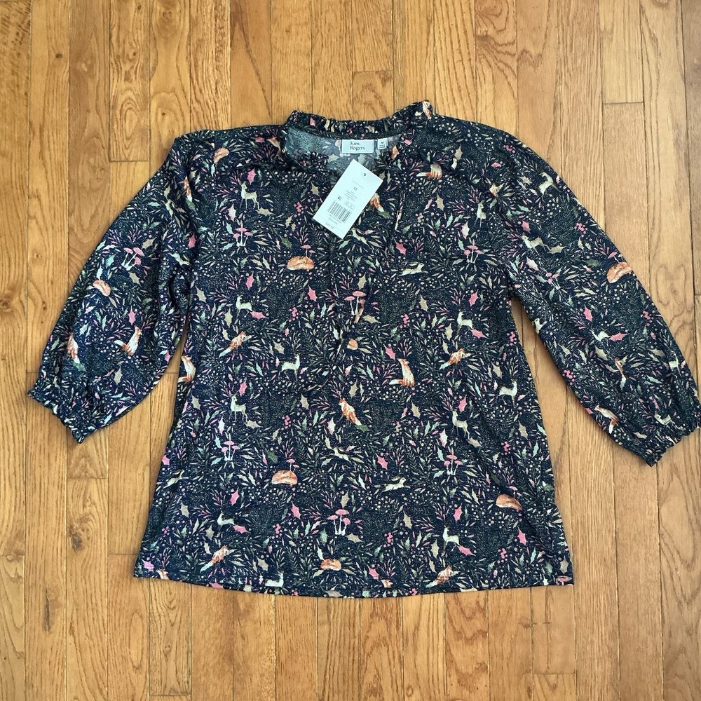 Kim Rogers Top Size Medium Semi Sheer Fox Deer Mushrooms‎ Fall